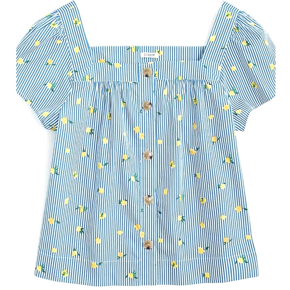 J. Crew Lemon Stripes Puff-Sleeve Blouse cotton poplin XS